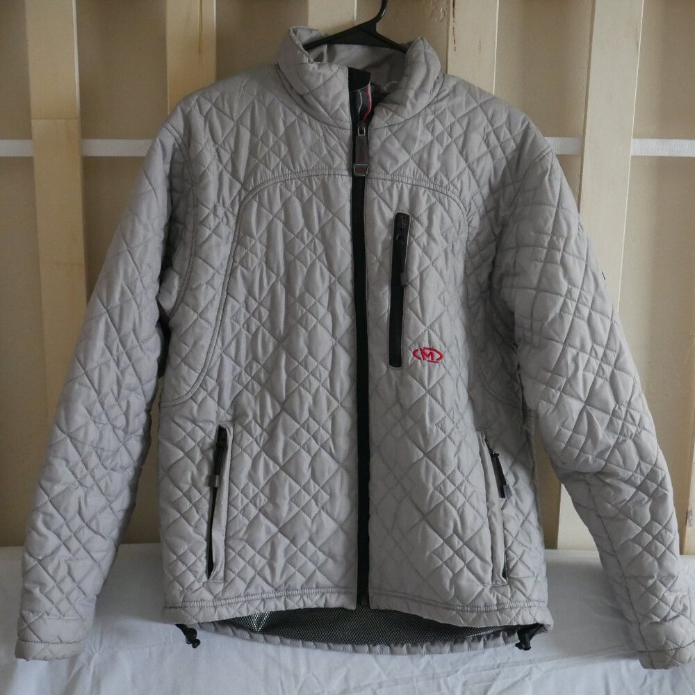 Women's Grey and Black Jacket Marker quilted ski jacket, gray with black accents